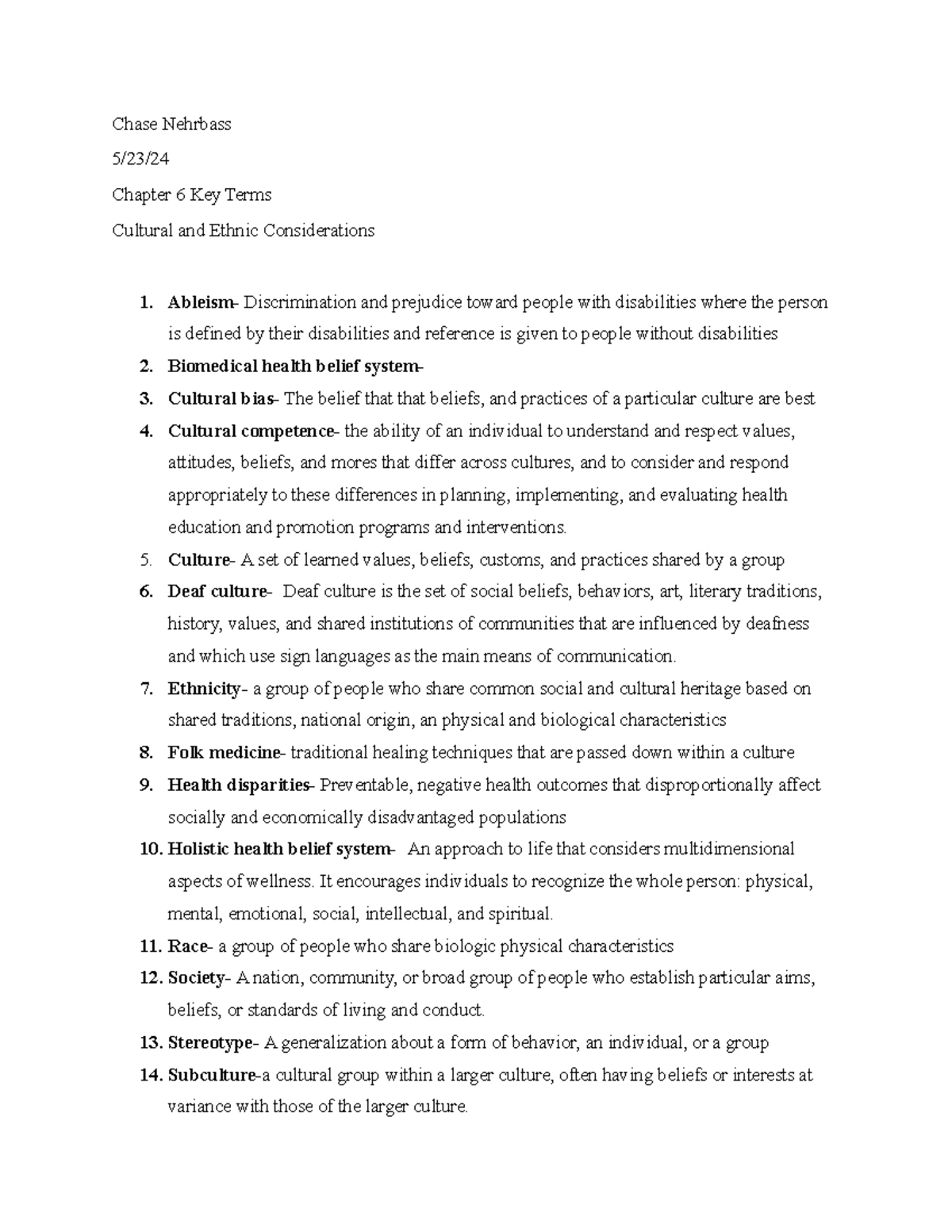 Chapter 6 Key Terms: Cultural and Ethnic Considerations - Studocu