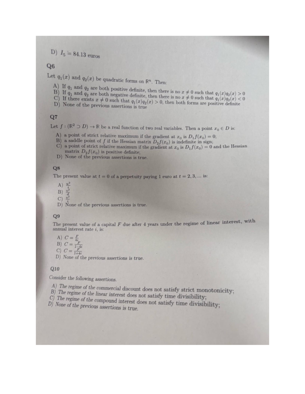 Financial Mathematics Exam Q6-Q10 Analysis and Solutions - Studocu
