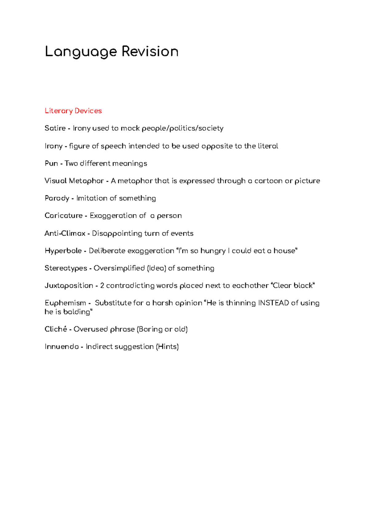 ENG101 Language Revision Notes on Literary Devices & Concepts - Studocu