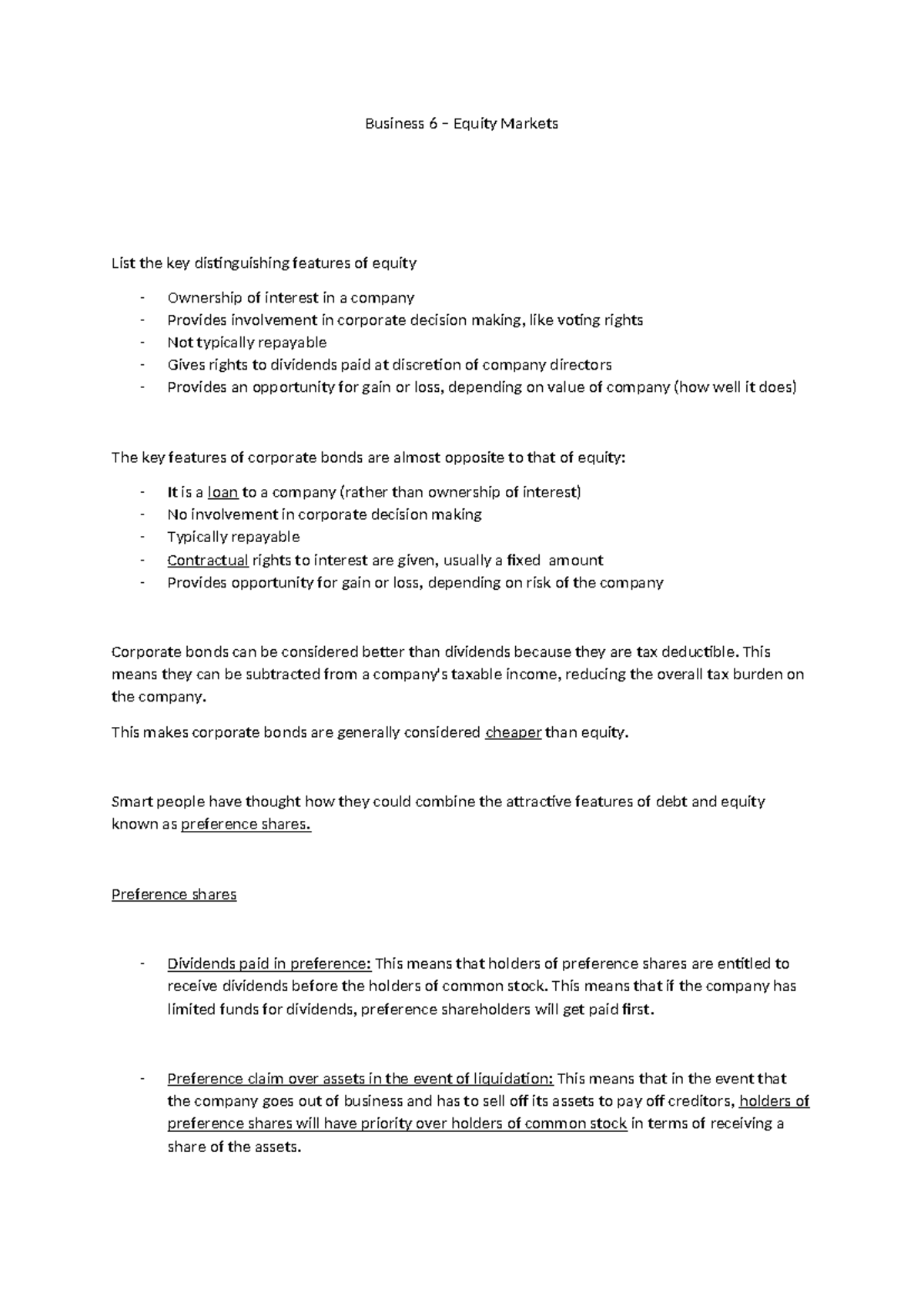 Business 6: Equity Markets - Key Features of Equity and Bonds - Studocu