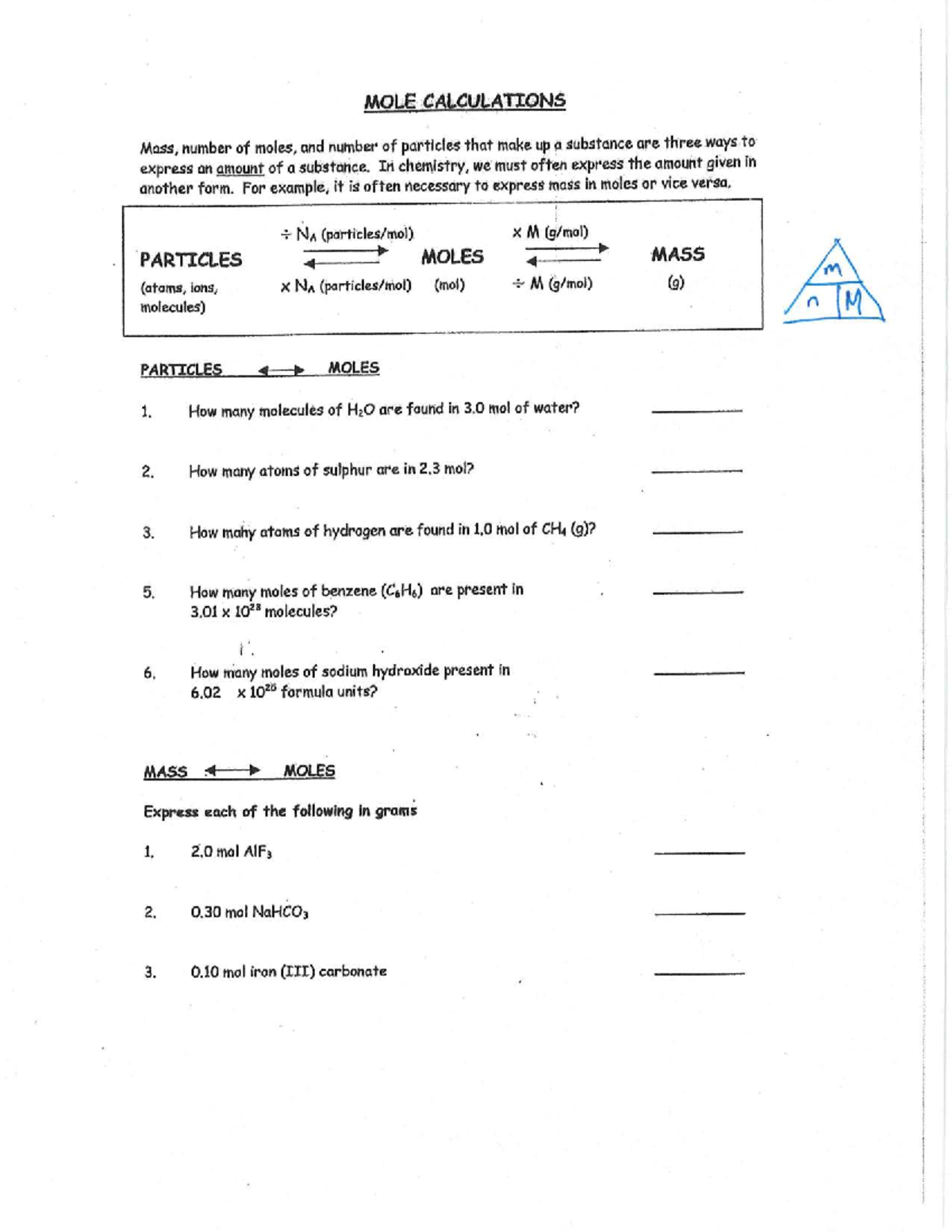 Mole Calculation Worksheet: Mass, Moles, and Particles Explained - Studocu