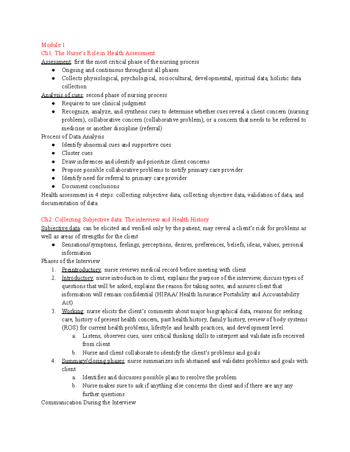 NUR 326Z Exam 1 Notes: Health Assessment & Data Collection Techniques ...