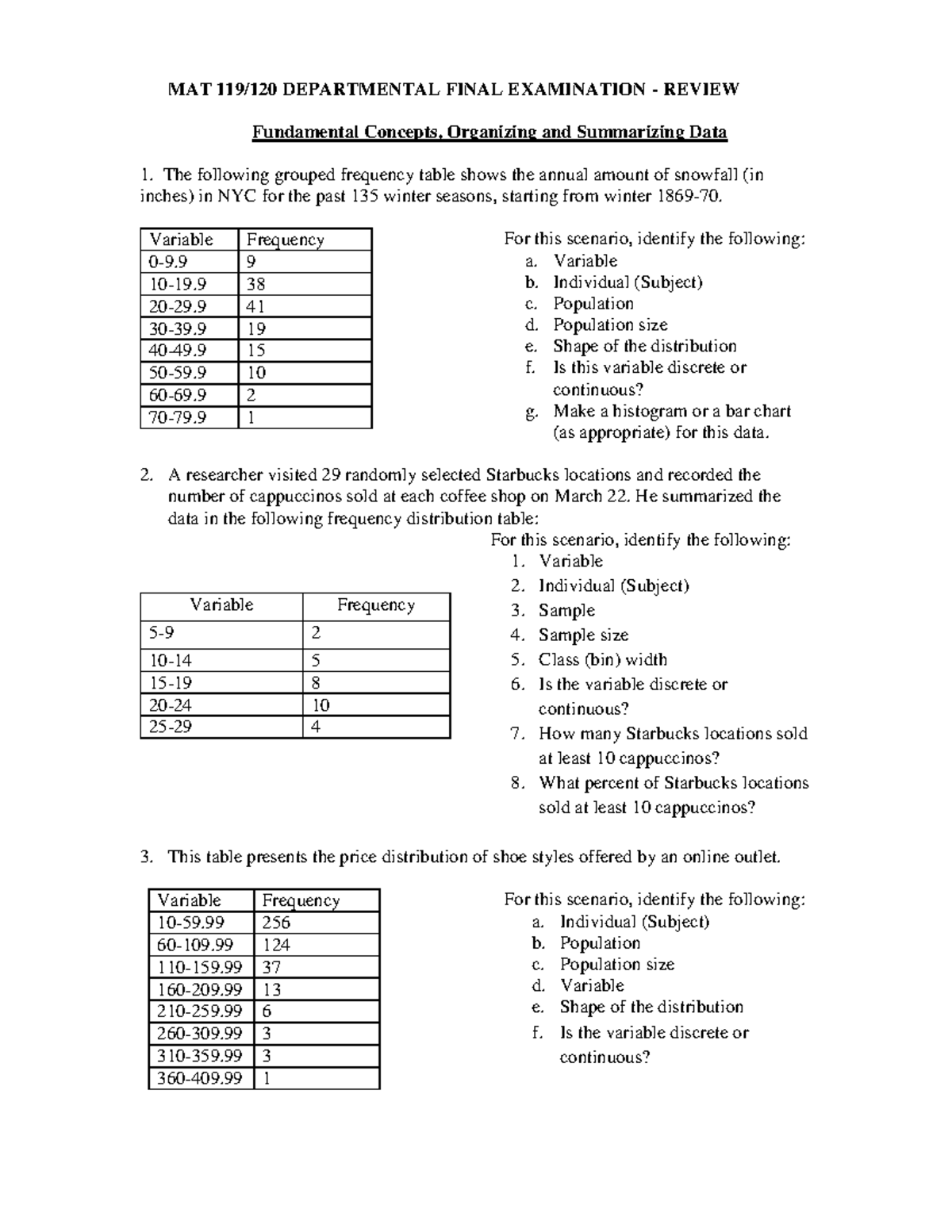 MAT 119/120 Departmental Final Exam - Data Organization & Analysis ...