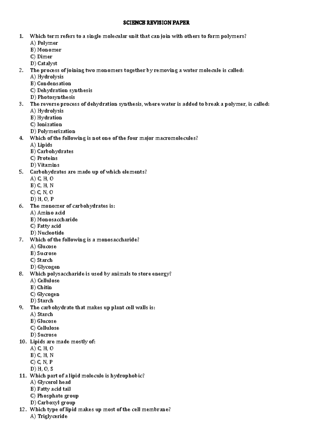 SCI 101: Science Revision Paper on Cells & Macromolecules - Studocu