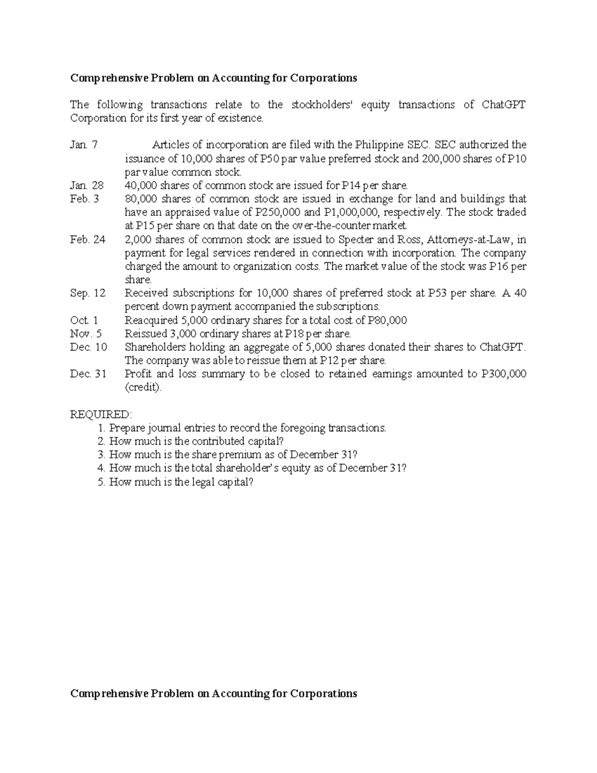 Comprehensive Problem on Accounting for Corporations (ACCT 101) - Studocu