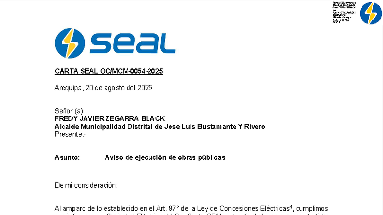 0054-2025 - ASDADAD - CARTA SEAL OC/MCM- 0054 - 2025 Arequipa, 20 de ...