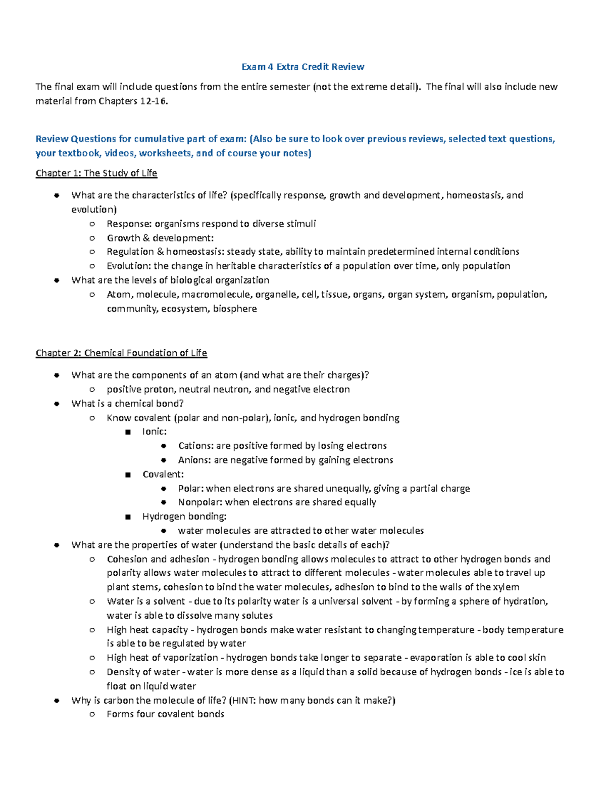 BI151 Exam 4 Extra Credit Review: Key Concepts and Topics - Studocu