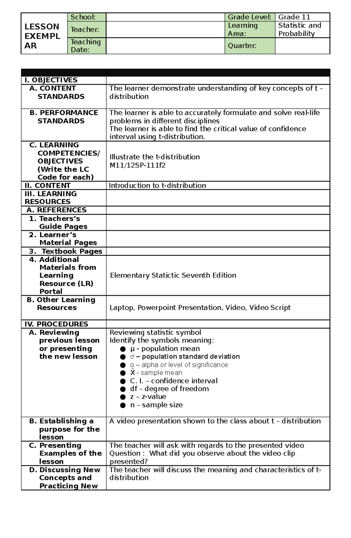 Lesson Plan for Grade 11 Statistics: Understanding t-Distribution - Studocu