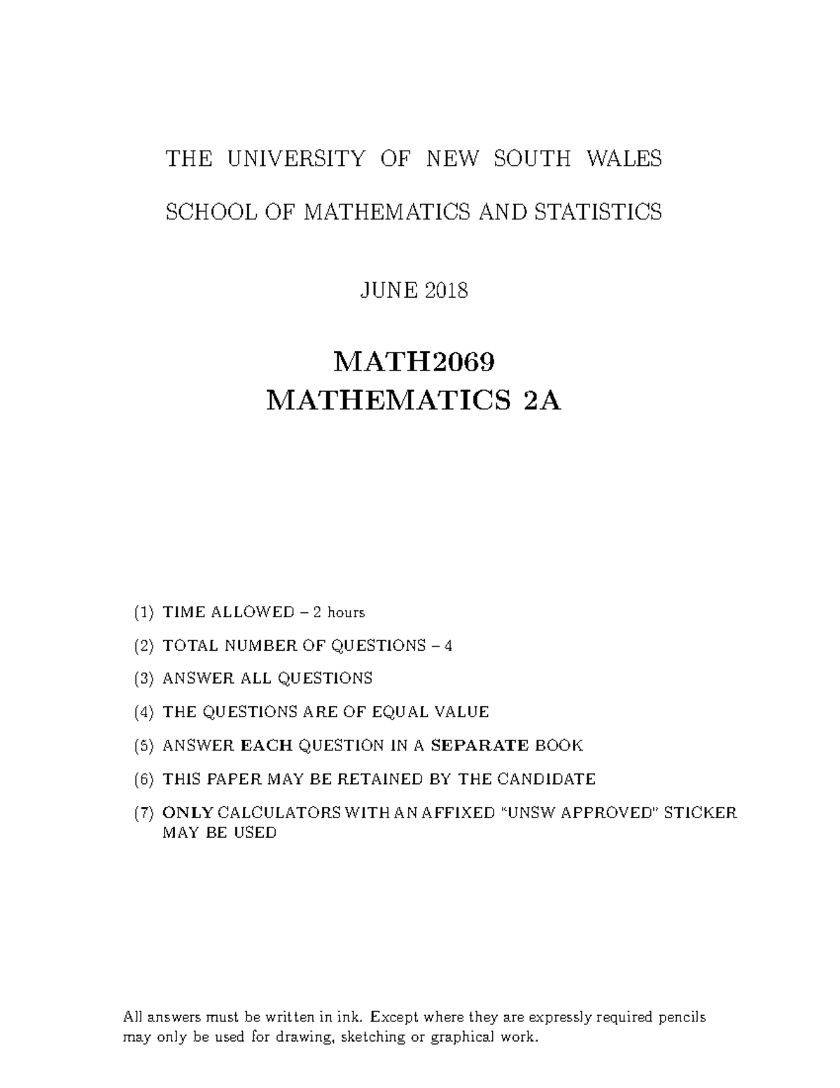 Exam 2018 - exam past paper 2018 - THE UNIVERSITY OF NEW SOUTH WALES ...