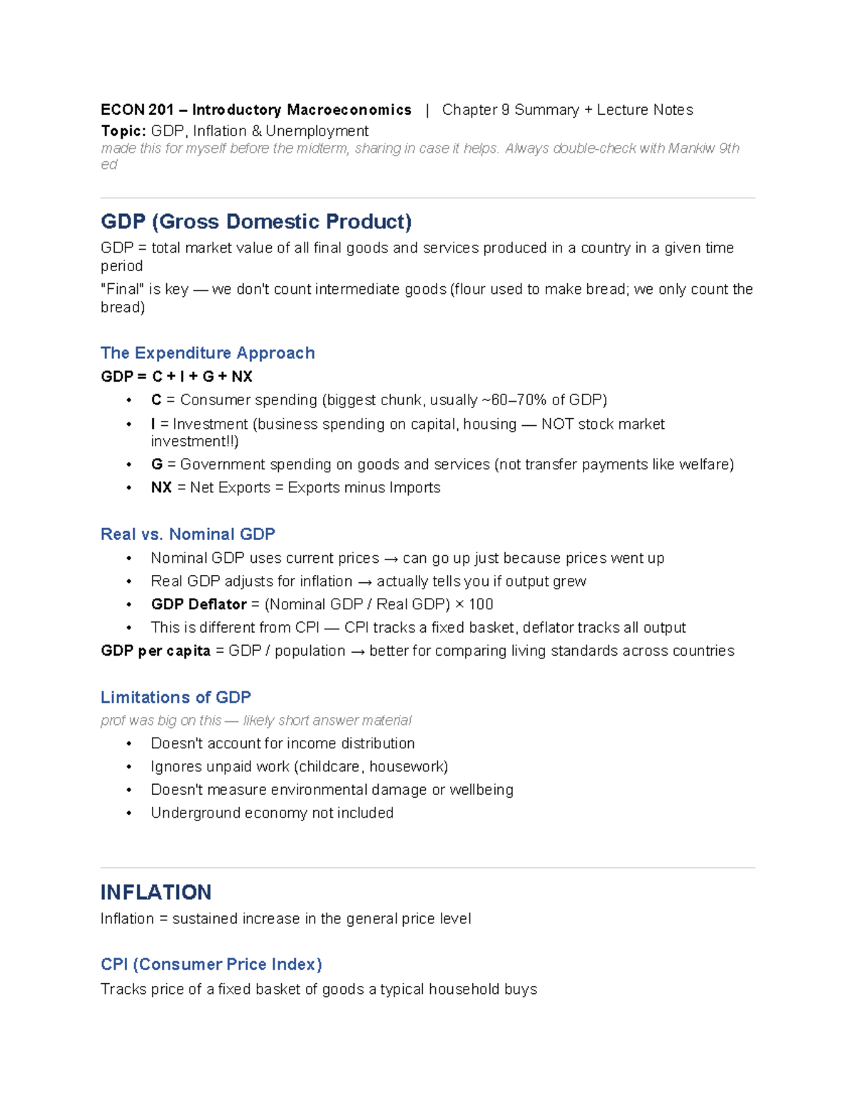 ECON 201 Midterm Review: Chapter 9 GDP, Inflation & Unemployment Notes ...