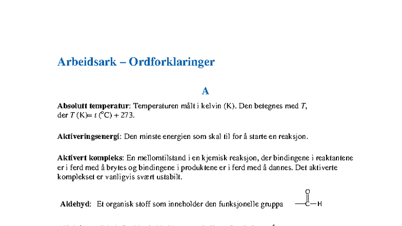 Ordforklaringer i Kjemi: A til Z - Kjemiske Begreper - Studocu