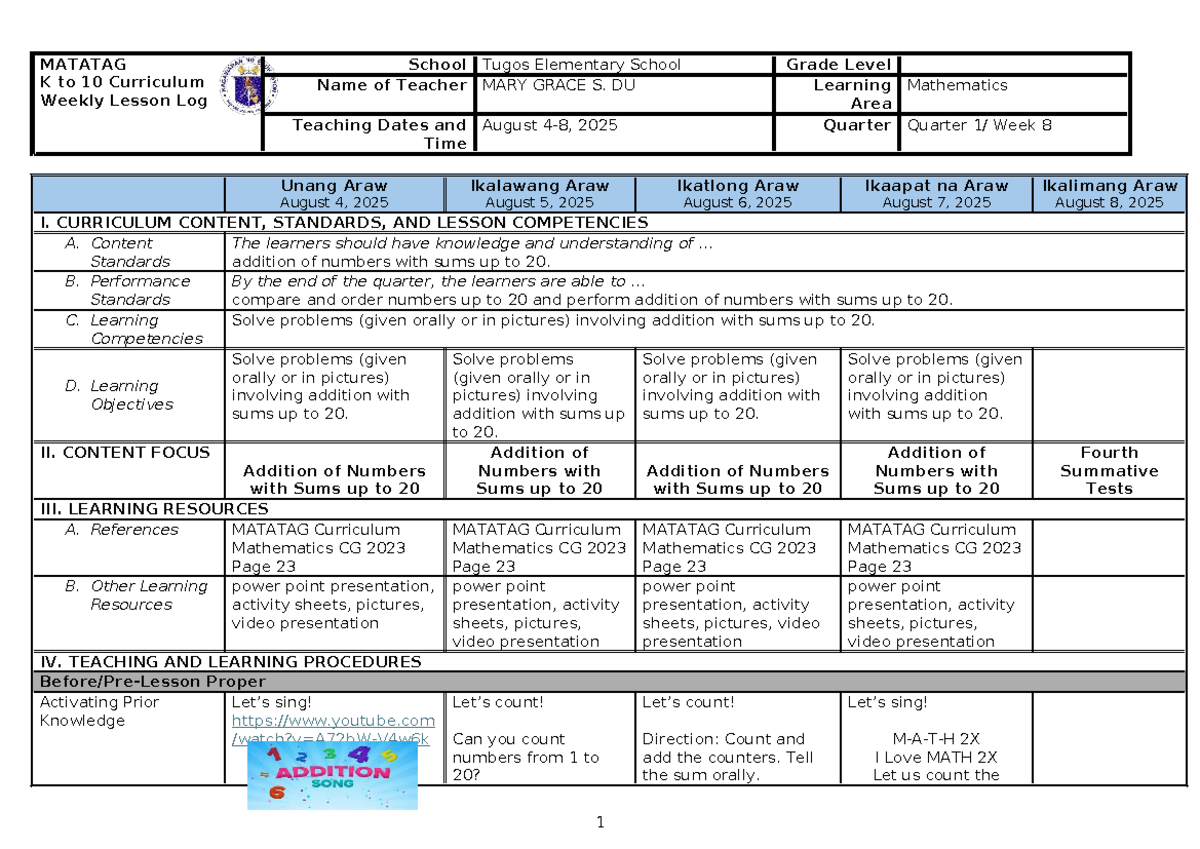 G1-Q1-DLL-WEEK 8: Addition of Numbers with Sums up to 20 - Studocu