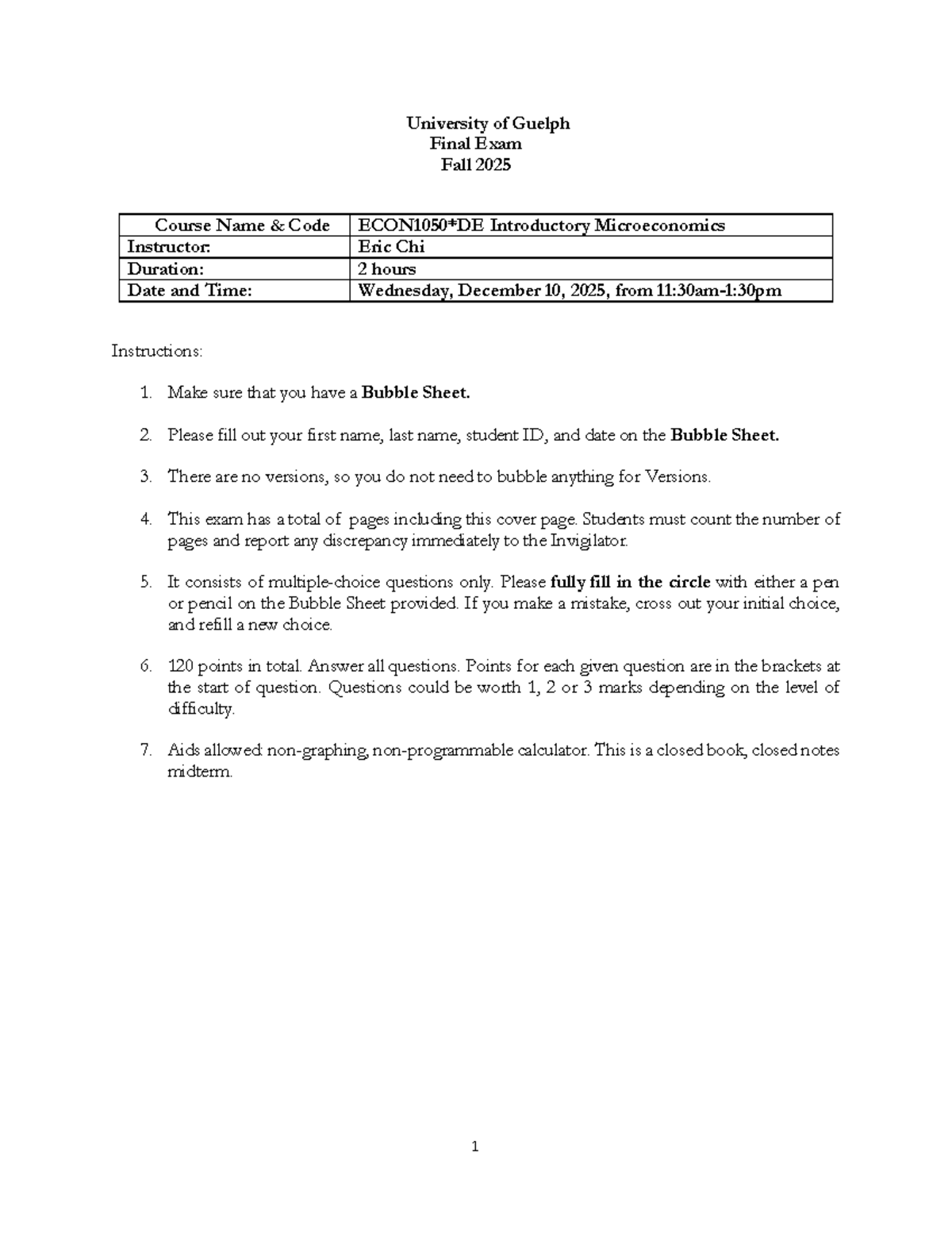 University of Guelph ECON 1010 Final Exam Solutions - Fall 2025 - Studocu