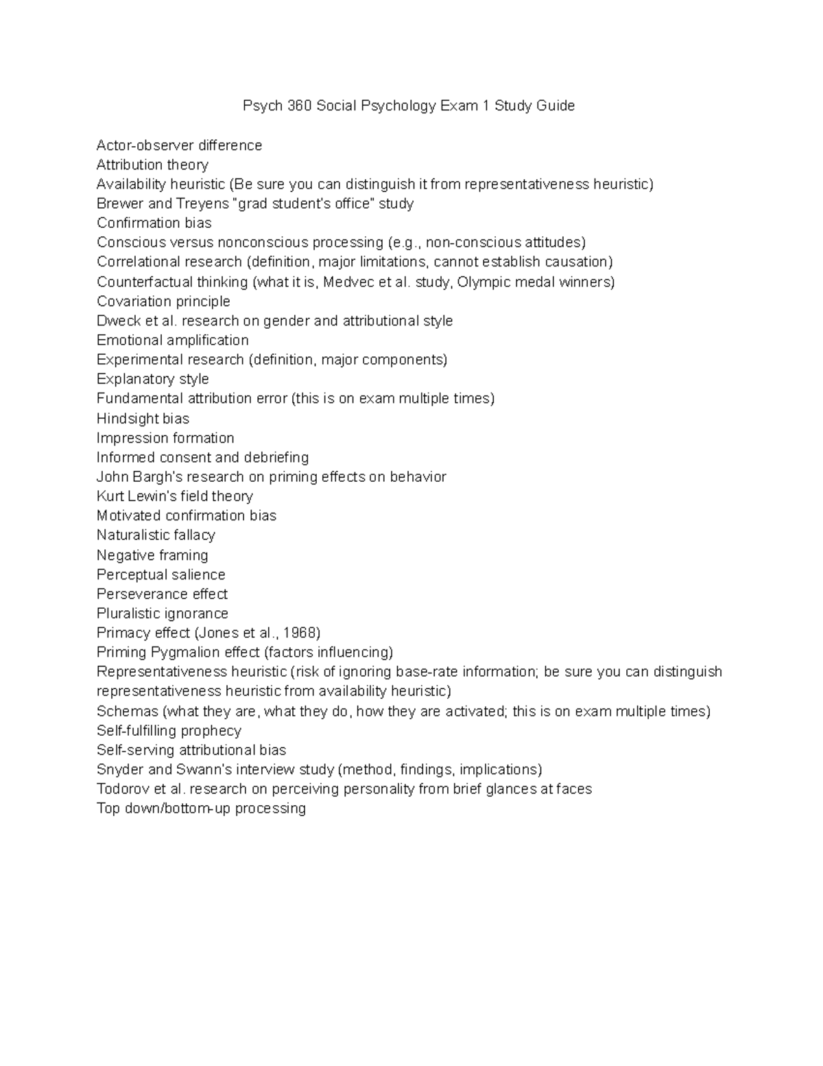 Soc Psych Exam 1 Study Guide - Psych 360 Social Psychology Exam 1 Study ...