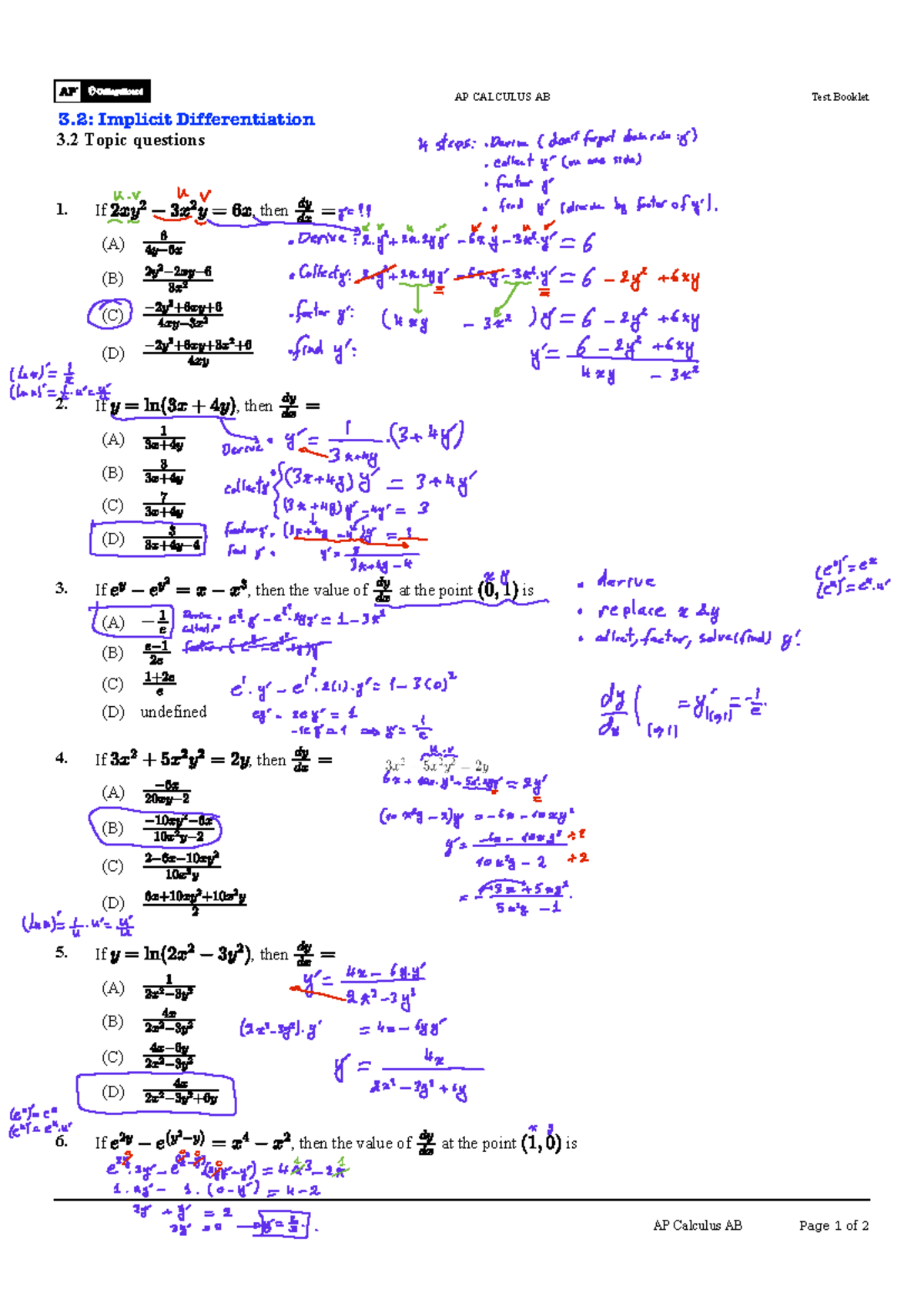AP CALCULUS AB Test Booklet 3.2: Implicit Differentiation Solutions ...