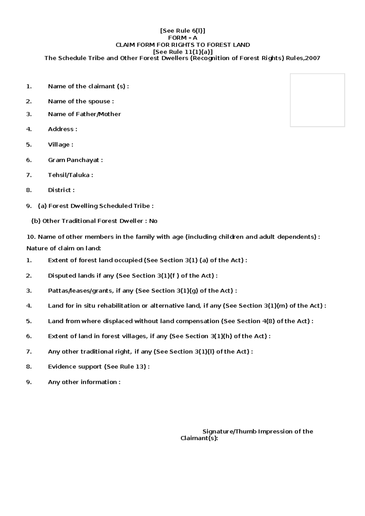 Claim Form for Rights to Forest Land under FRA Act - Studocu