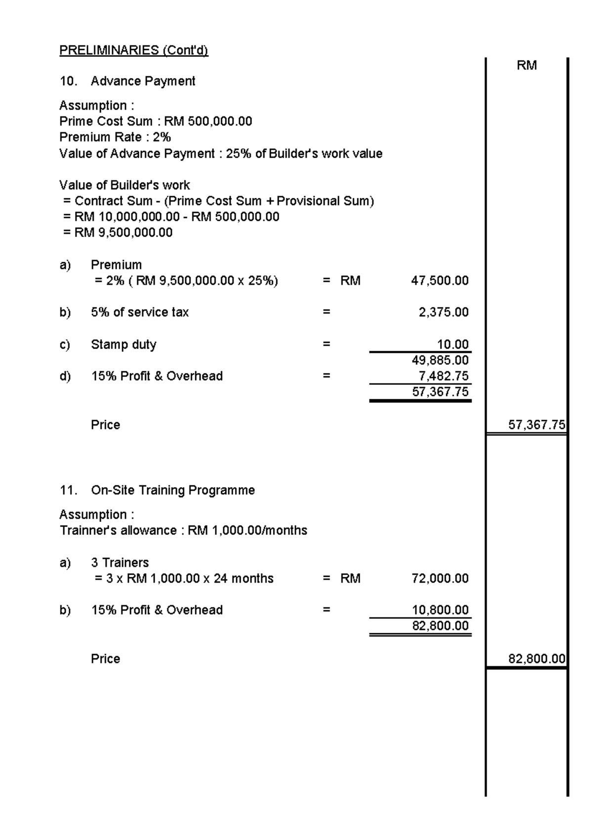 Prelim 5 - RM Advance Payment Assumption : Prime Cost Sum : RM 500,000 ...