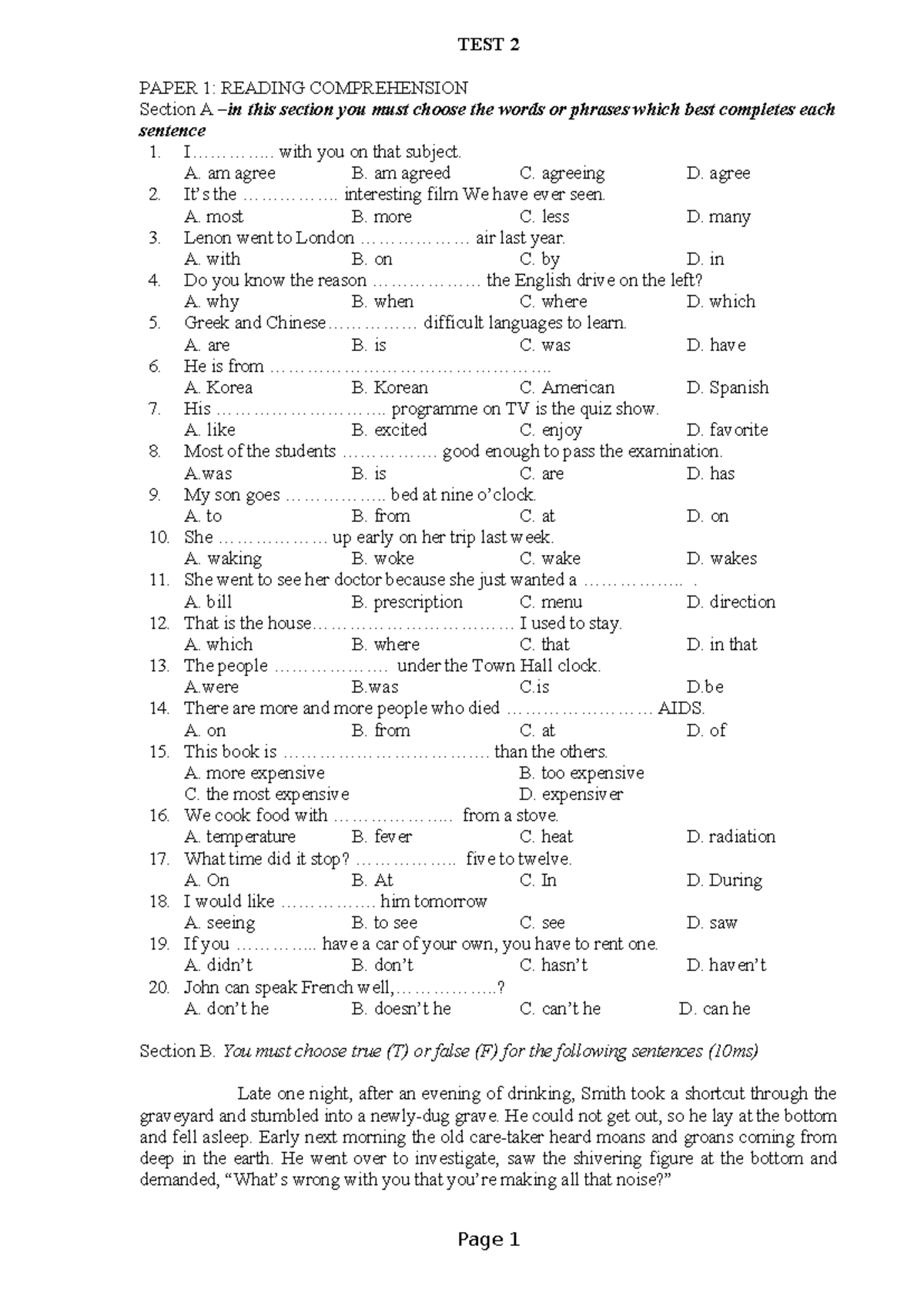 TEST 2 PAPER 1: READING COMPREHENSION & PAPER 2 EXERCISES - Studocu