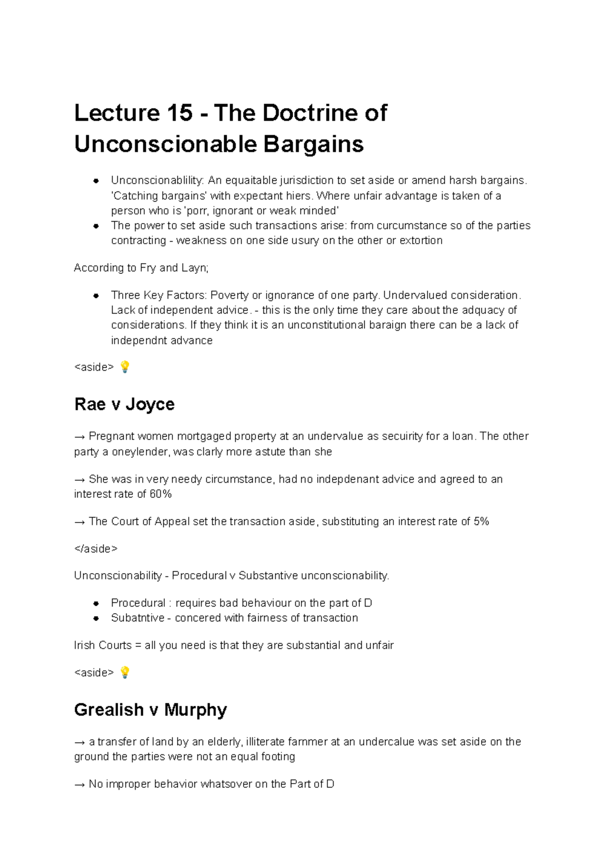 Lecture 15: The Doctrine of Unconscionable Bargains Explained - Studocu