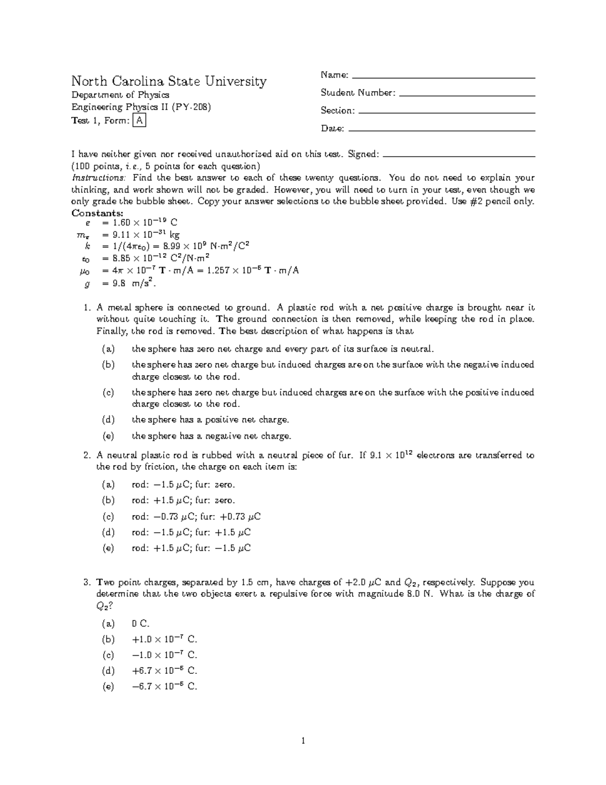 Test1-F2016 - PY-208 Physics II Test 1 Solutions and Answers - Studocu