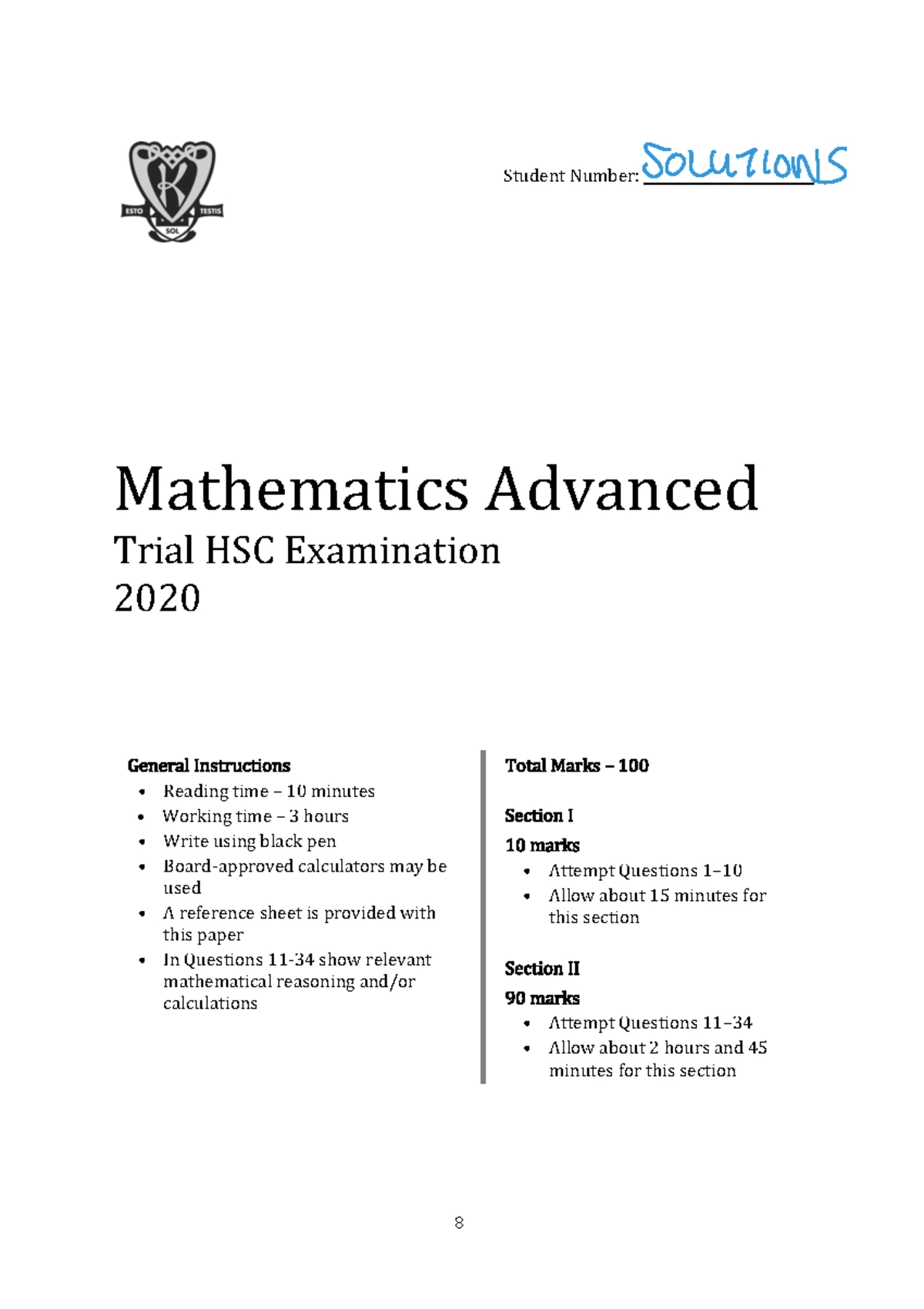 2021 HSC Mathematics Advanced Task 2 Exam Questions and Instructions ...