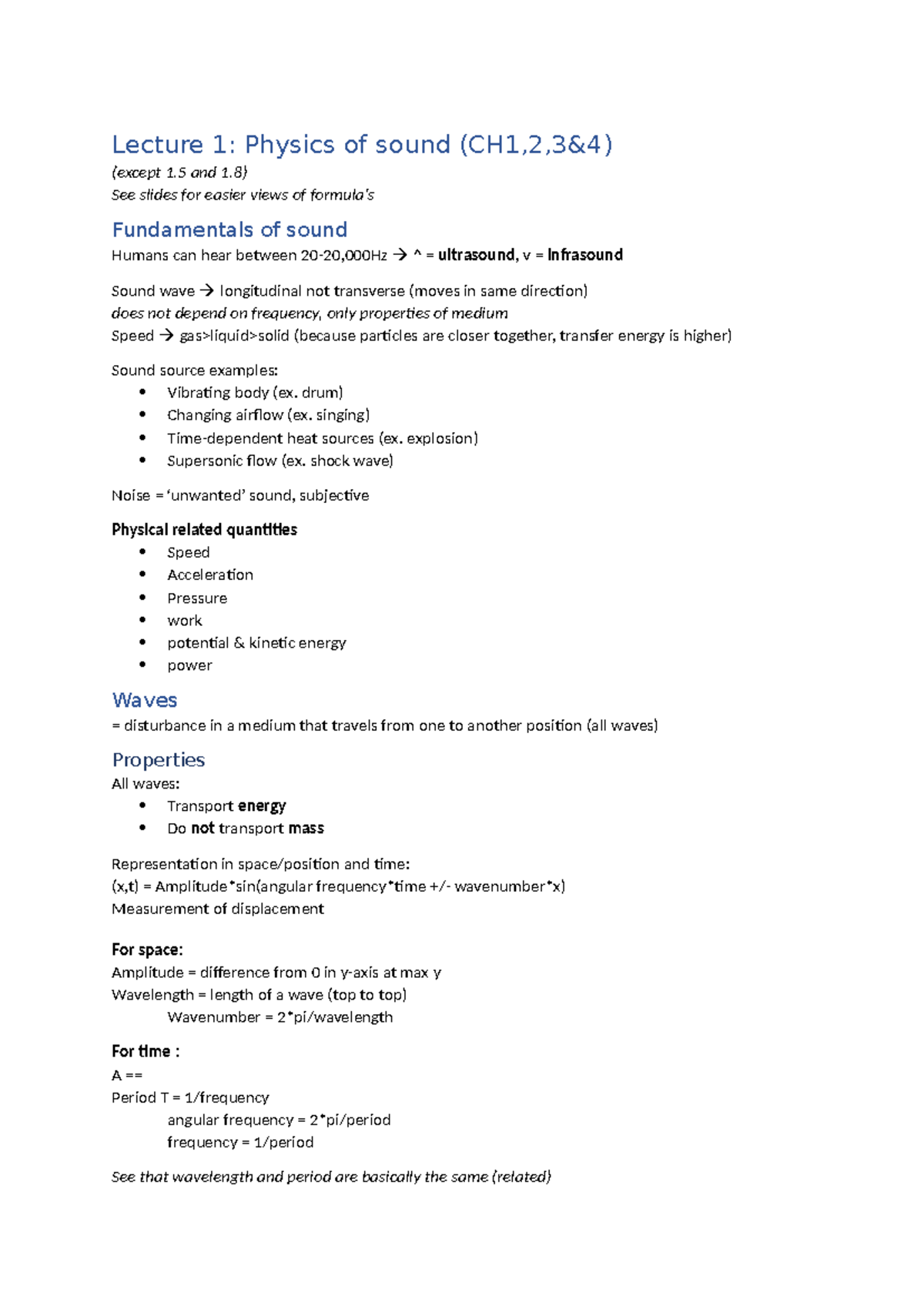 Lecture Notes on Physics and Perception of Sound (CH1-6) - Studeersnel