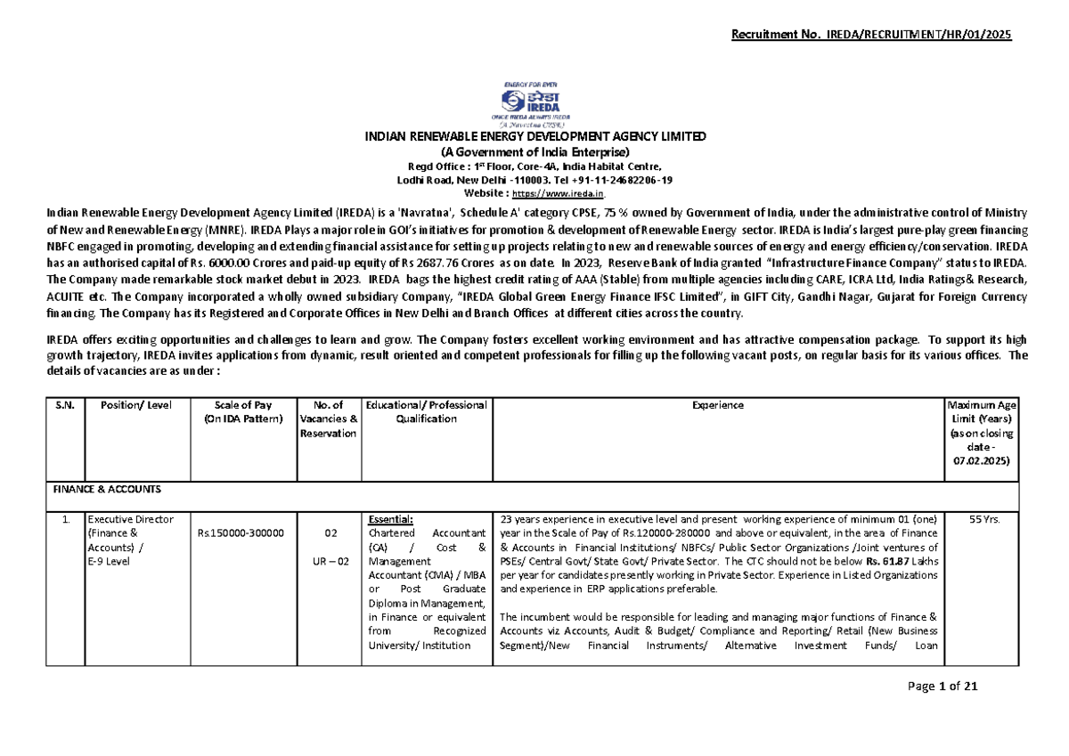 Ireda Recruitment Detail Jan 2025 Recruitment No. IREDA/RECRUITMENT