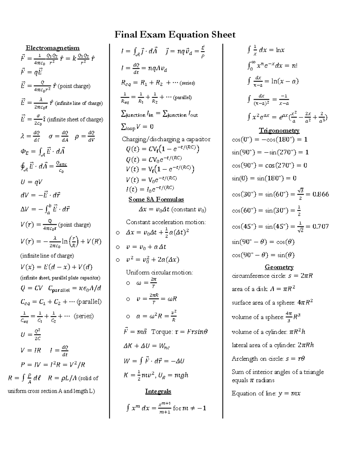 Final Exam Equation Sheet for Electromagnetism (F22) - Studocu
