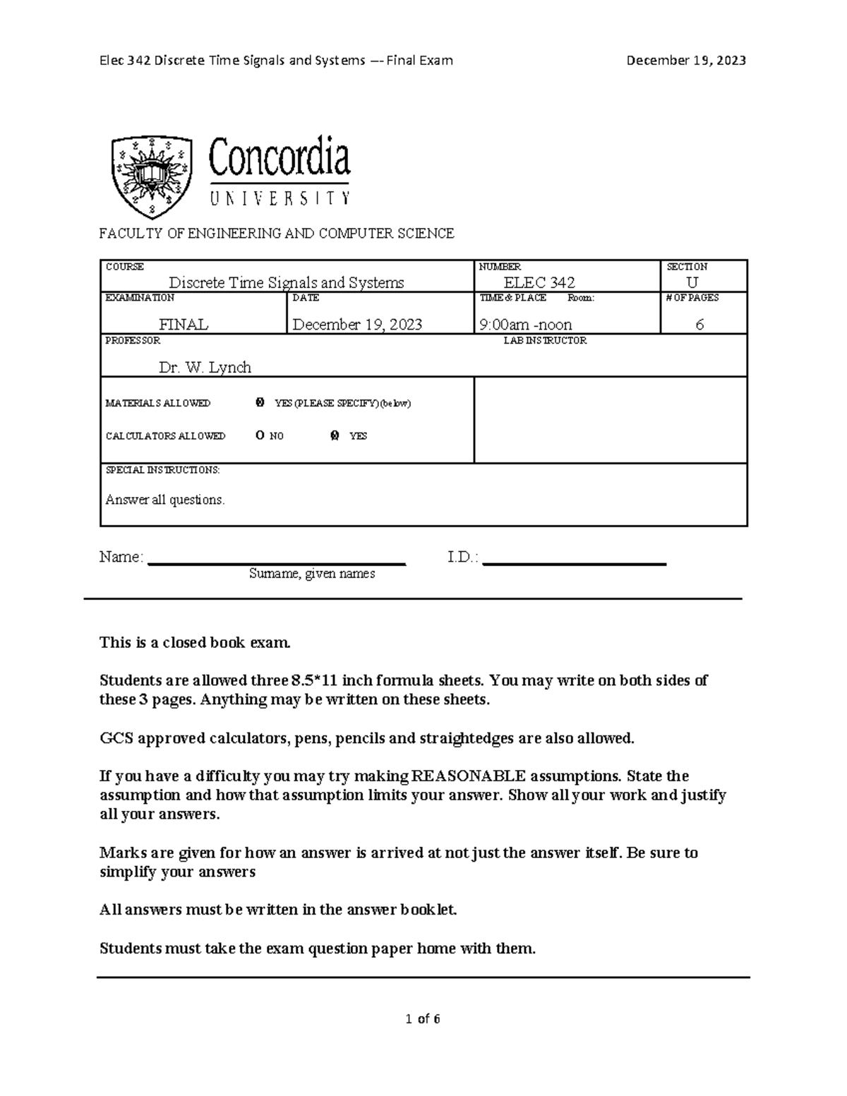 ELEC 342 Final Exam - Discrete Time Signals and Systems, Fall 2023 ...