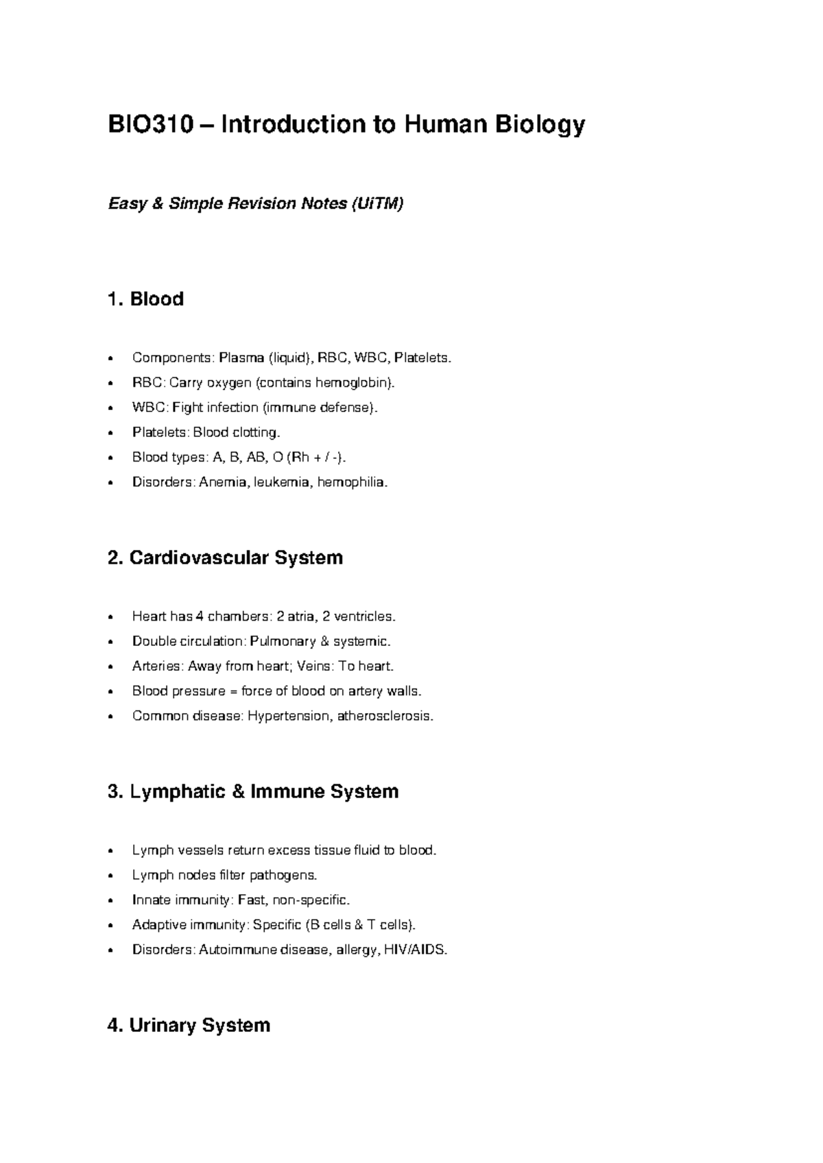BIO310 Easy Revision Notes on Human Biology Concepts - Studocu