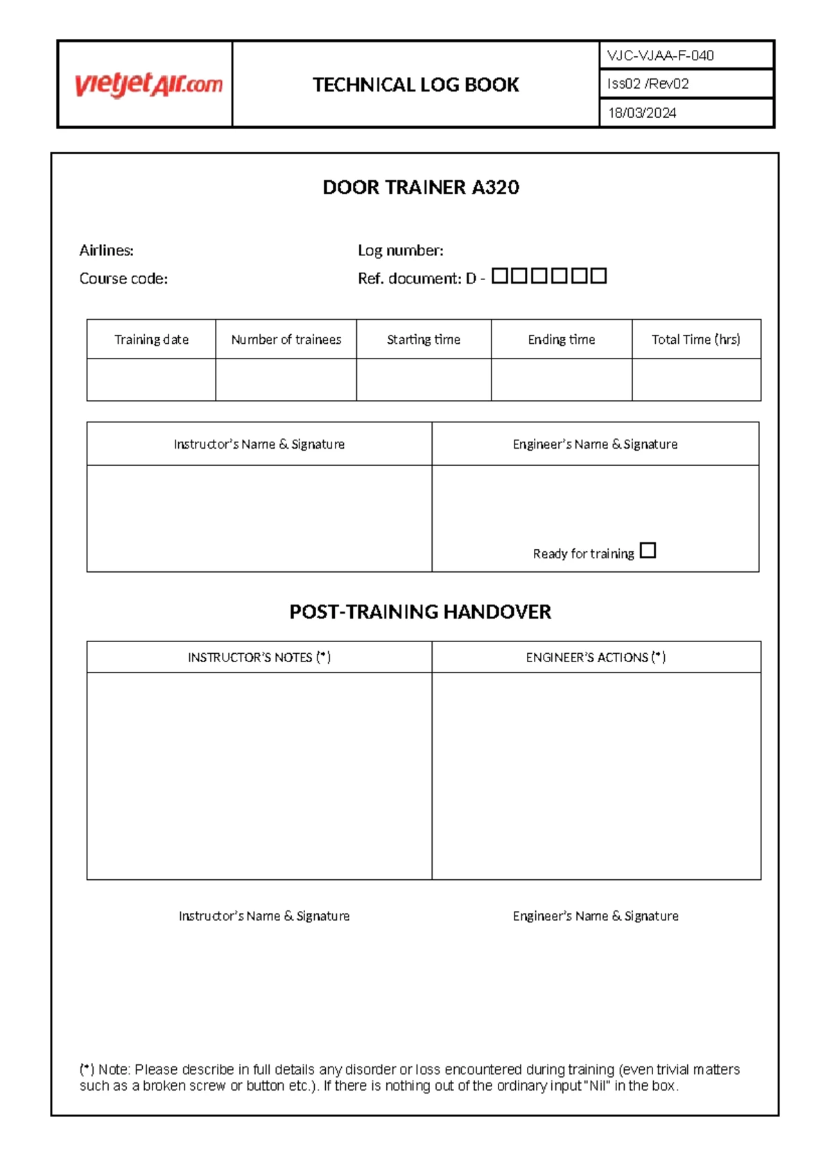 Technical Log Book Iss02: Door Trainer A330 - Training Details - Studocu