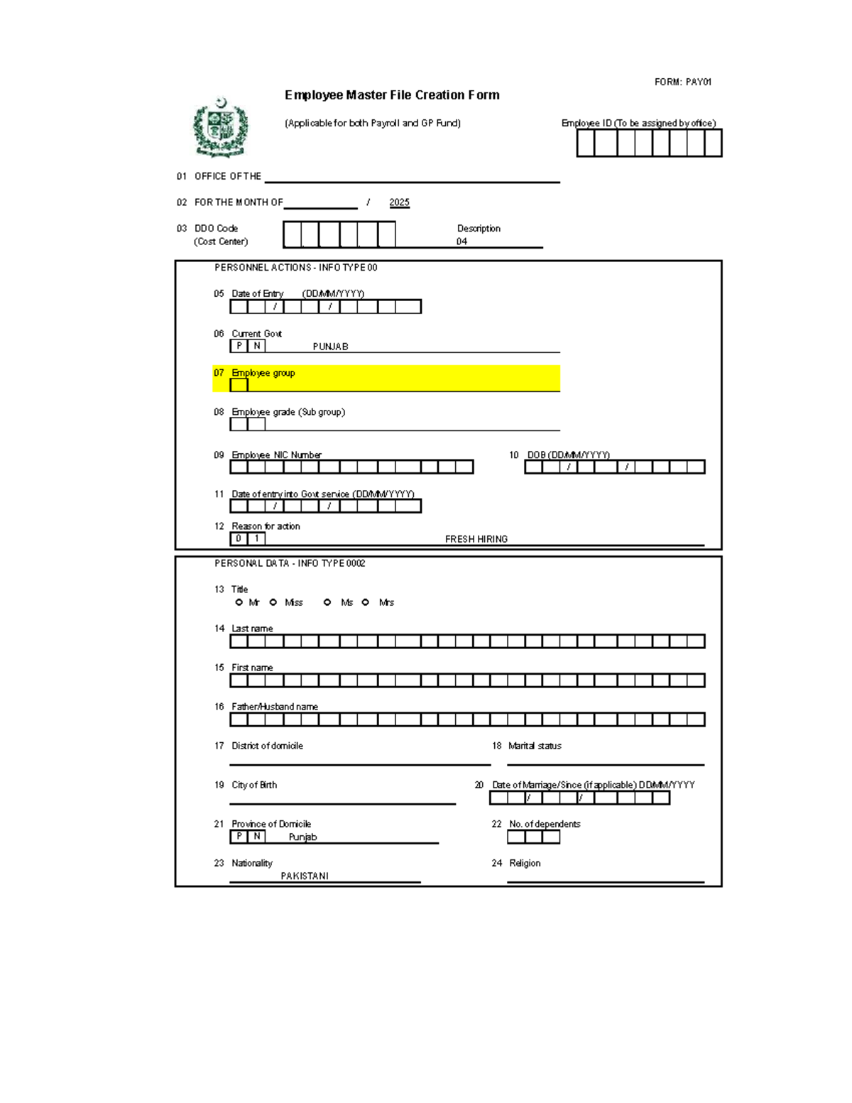 PAY01 Employee Master File Creation Form - Updated Version - Studocu