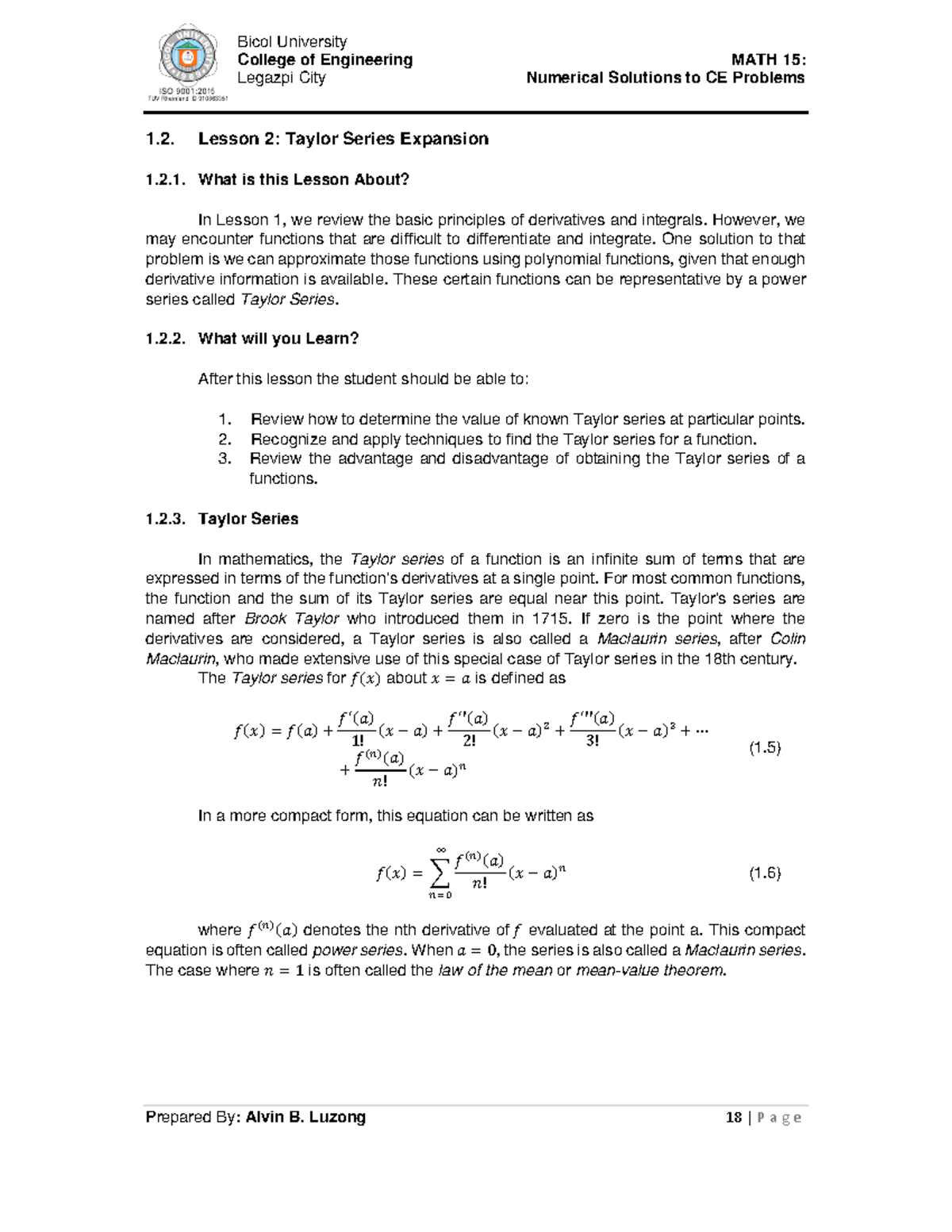 MATH 15 Lesson 2: Understanding Taylor Series Expansion - Studocu