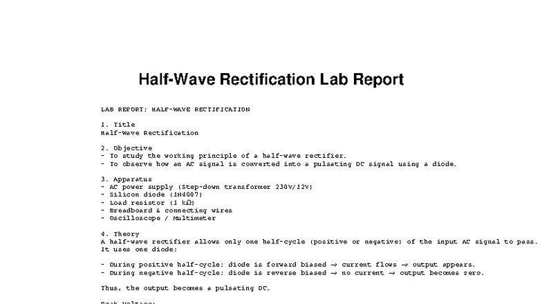 LAB REPORT: Half Wave Rectification (Course Code: LAB) - Studocu