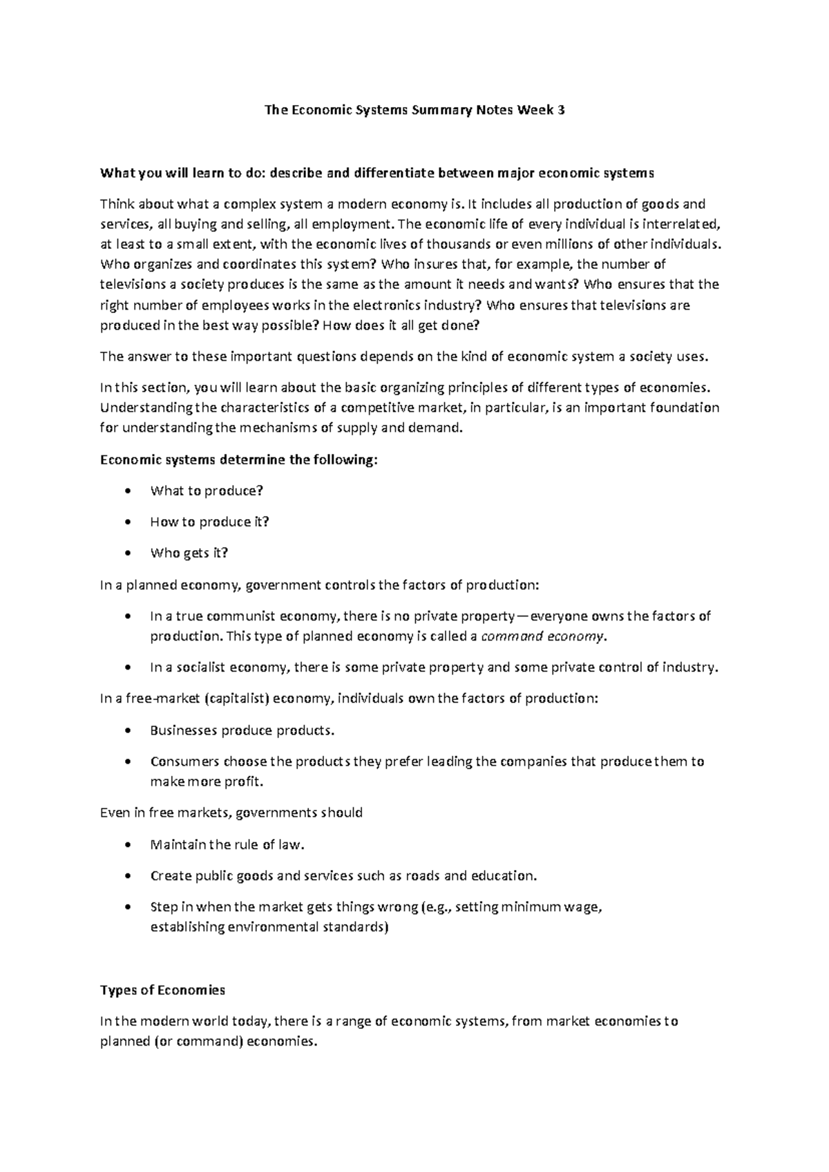 Economic Systems Overview: Week 3 Summary Notes - Studocu