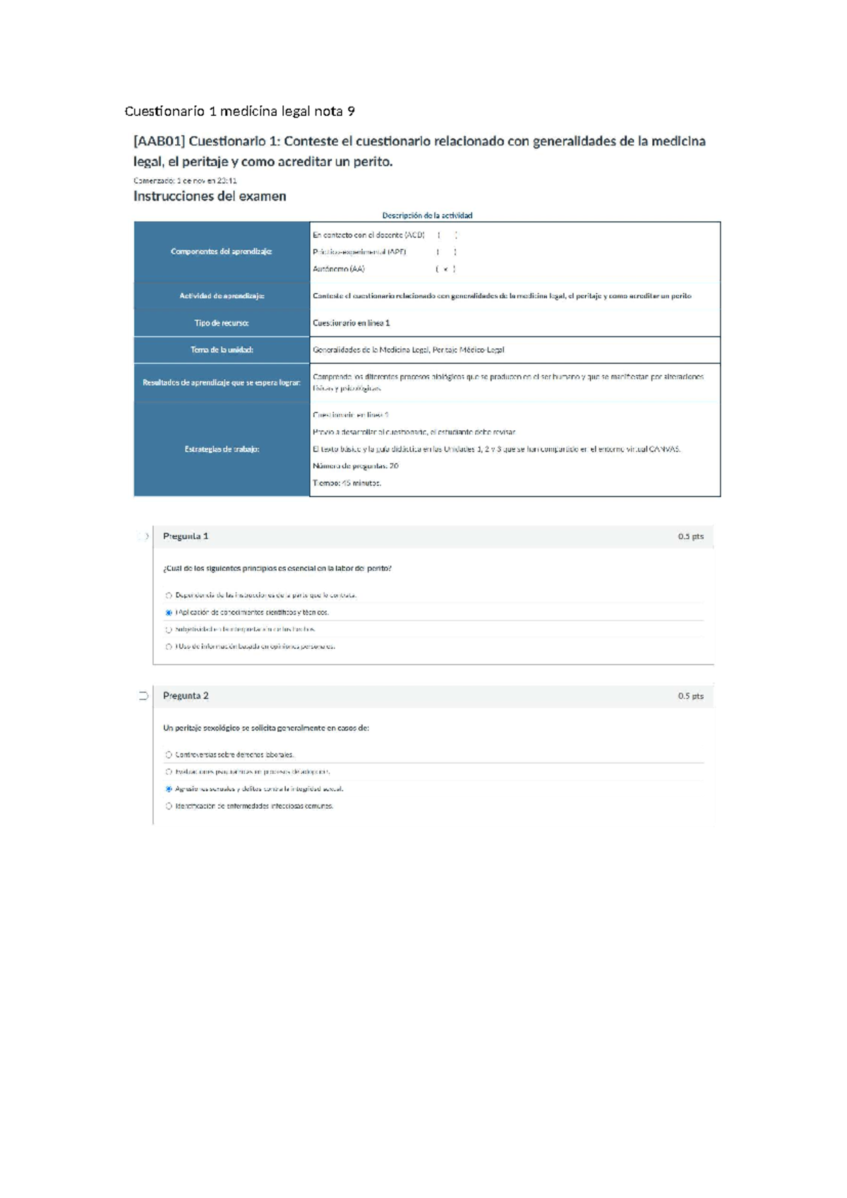 Cuestionario 1 de Medicina Legal - Nota 9 y Respuestas - Document Preview