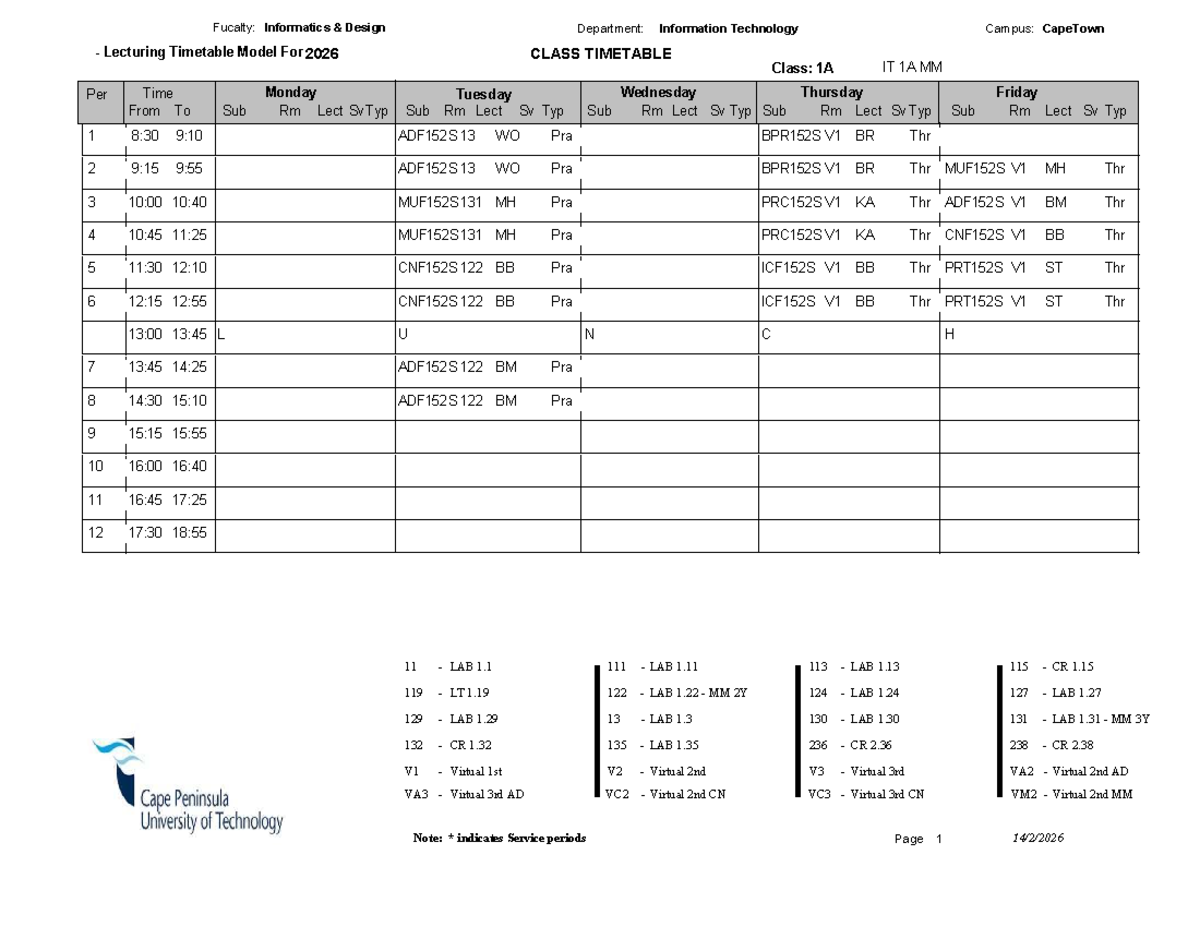 Informatics Design Dept: 2026 Class Timetable for IT 1A-1K & 2Q - Studocu