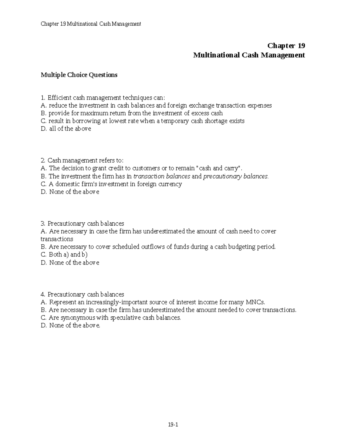Multinational Cash Management MCQ & Short Answers Chapter 19 Notes ...