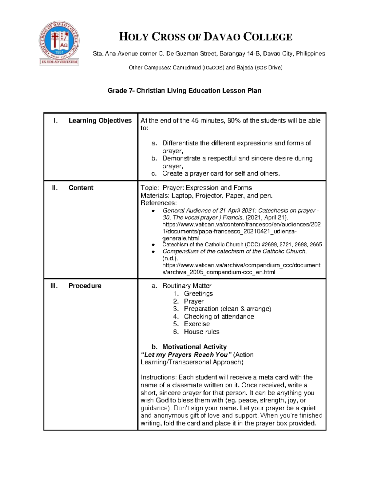 Grade 7 - Christian Living Education Lesson Plan on Prayer Expressions ...