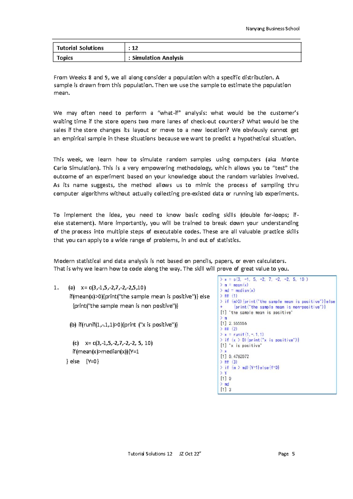 Week 12 Tutorial Solutions: R Code for Simulation Analysis - 123 - Studocu