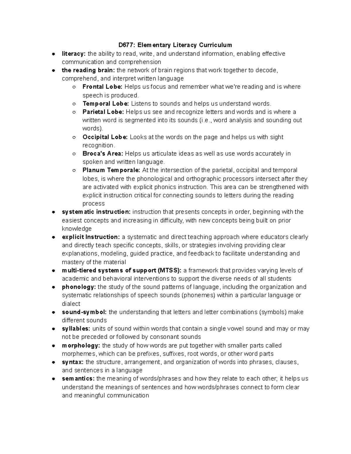 D677 Notes - D677: Elementary Literacy Curriculum literacy: the ability ...