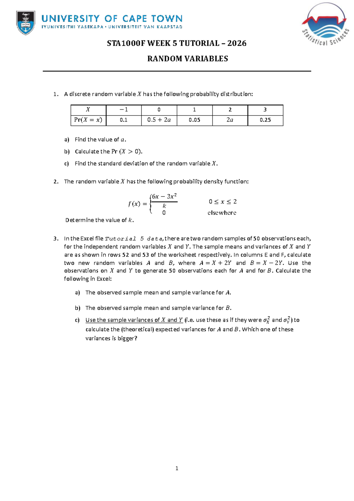 Tutorial Week 5 STA1000F: Random Variables & Probability Distributions ...
