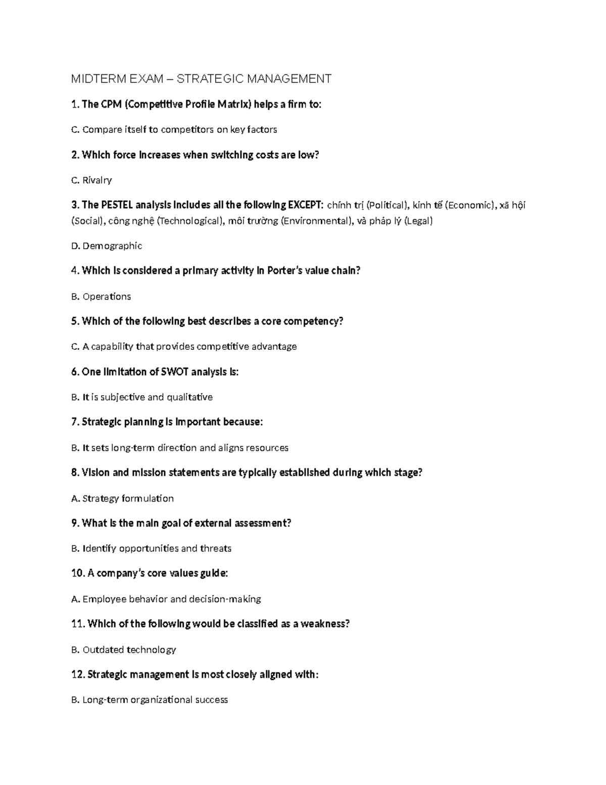 MIDTERM EXAM STRATEGIC MANAGEMENT 1: Trắc Nghiệm Quản Trị TC - Studocu