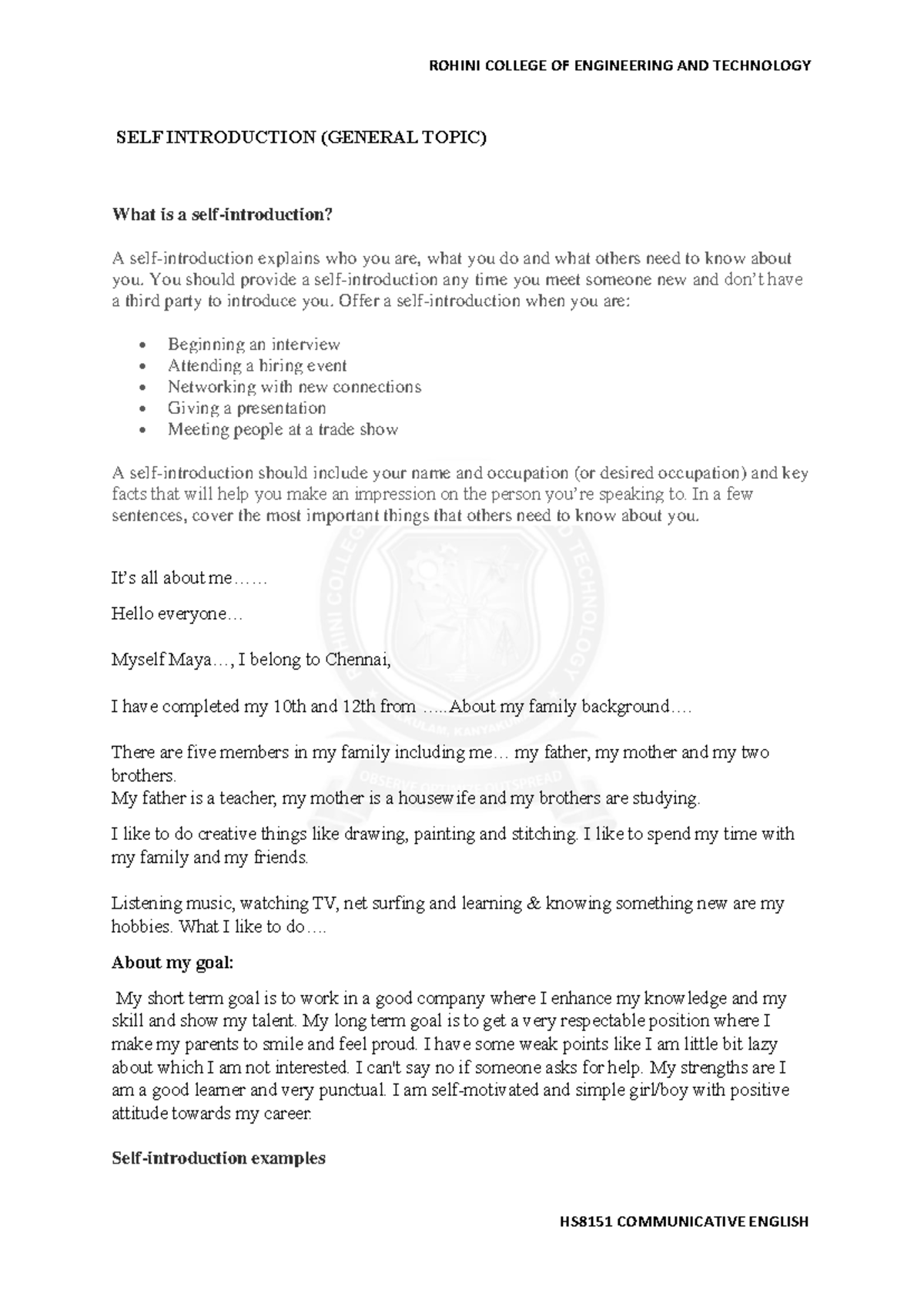 HS8151 COMMUNICATIVE ENGLISH: Self Introduction Guide - Studocu