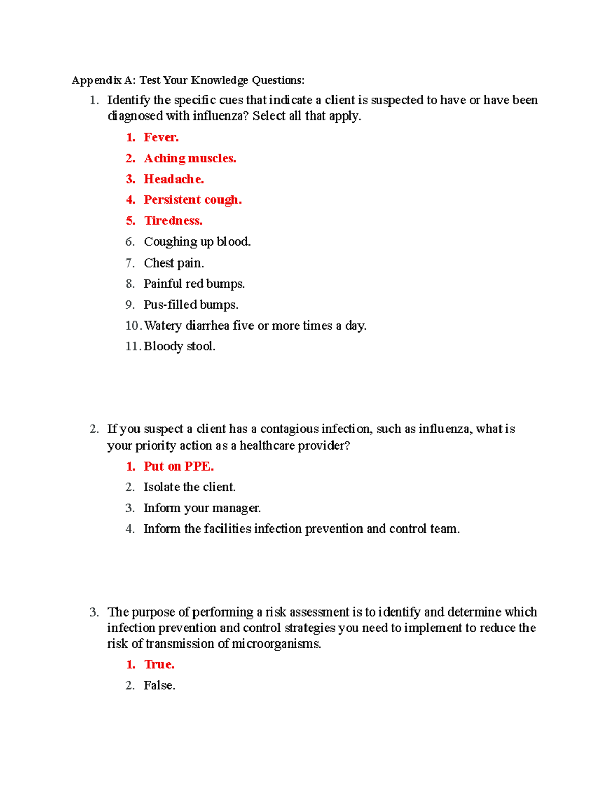 Appendix A: Test Your Knowledge on Influenza & Infection Control 91725 ...
