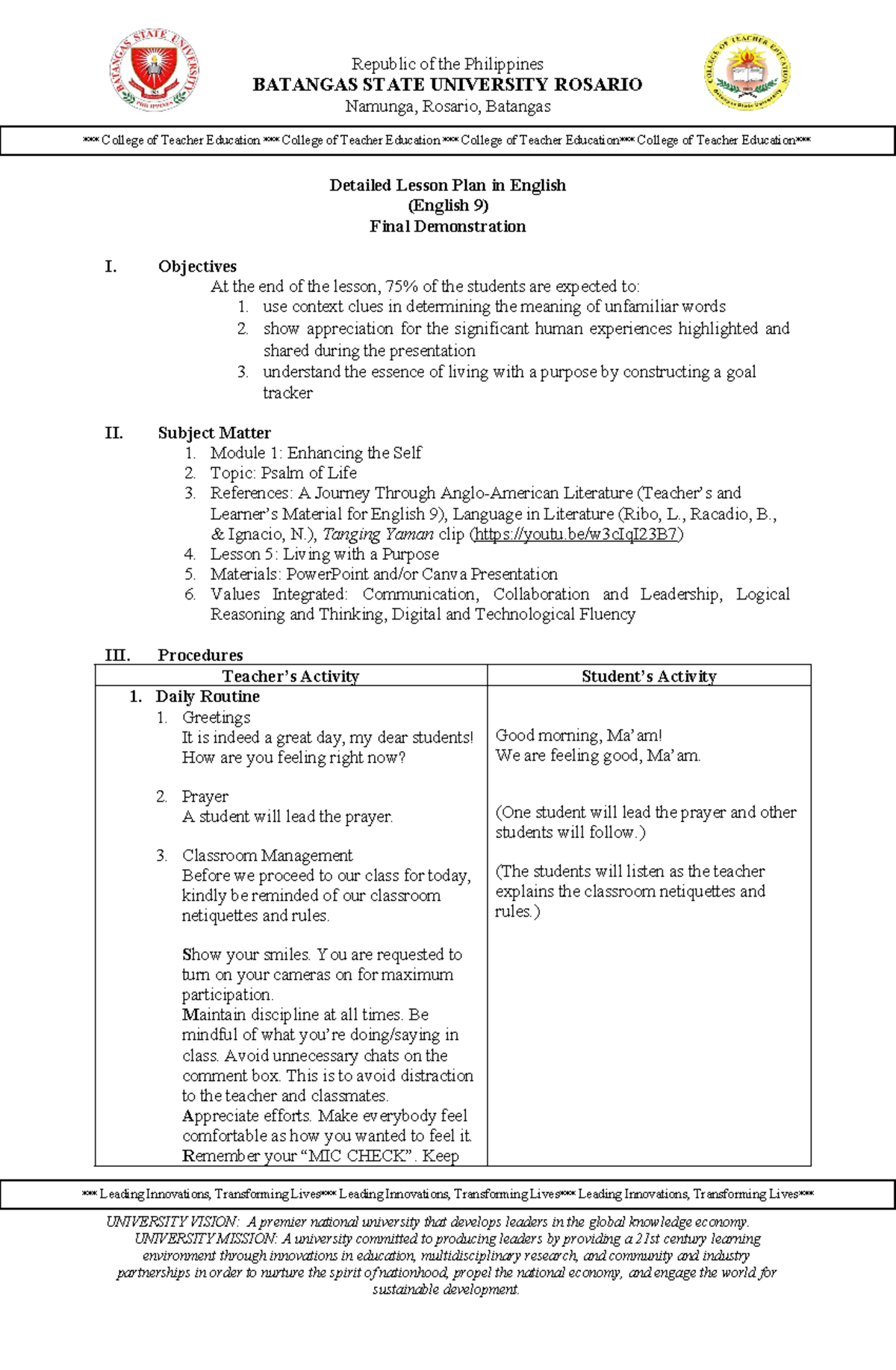 Detailed Lesson Plan in English 9: A Psalm of Life (Final Demo) - Studocu