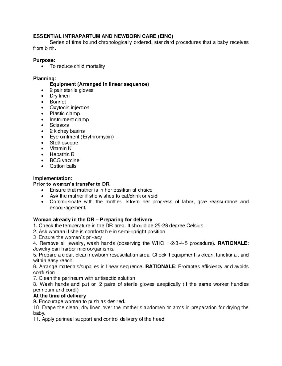 Essential Intrapartum & Newborn Care (EINC): Procedures & Evaluations ...