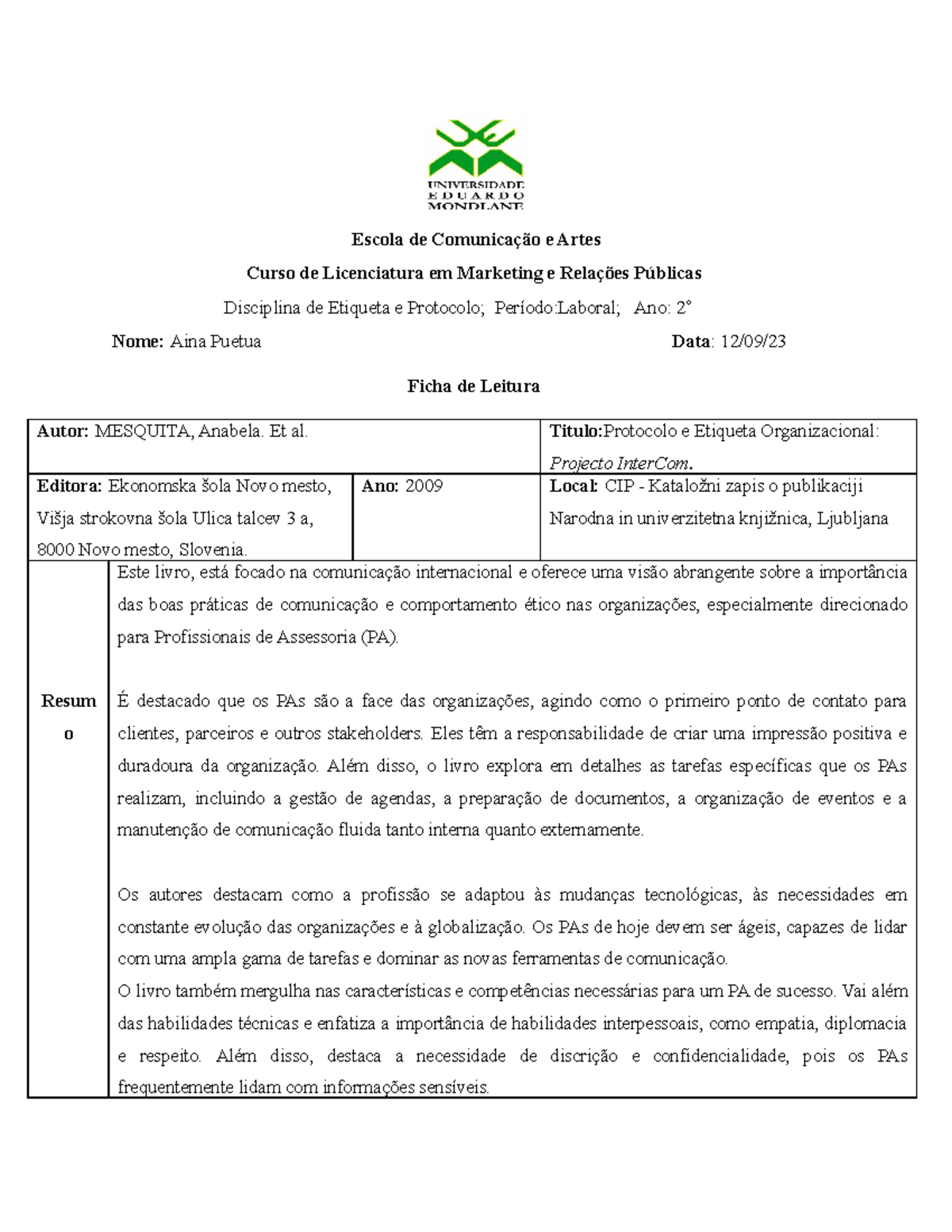 Resumo do Livro: Protocolo e Etiqueta Organizacional - Anabela Mesquita ...