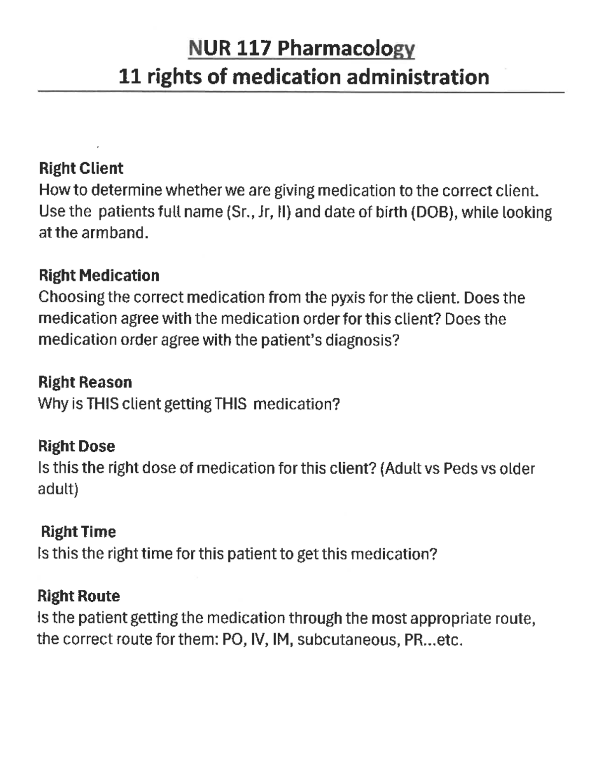 NUR 117 Final Exam: 11 Rights of Medication Administration - Studocu
