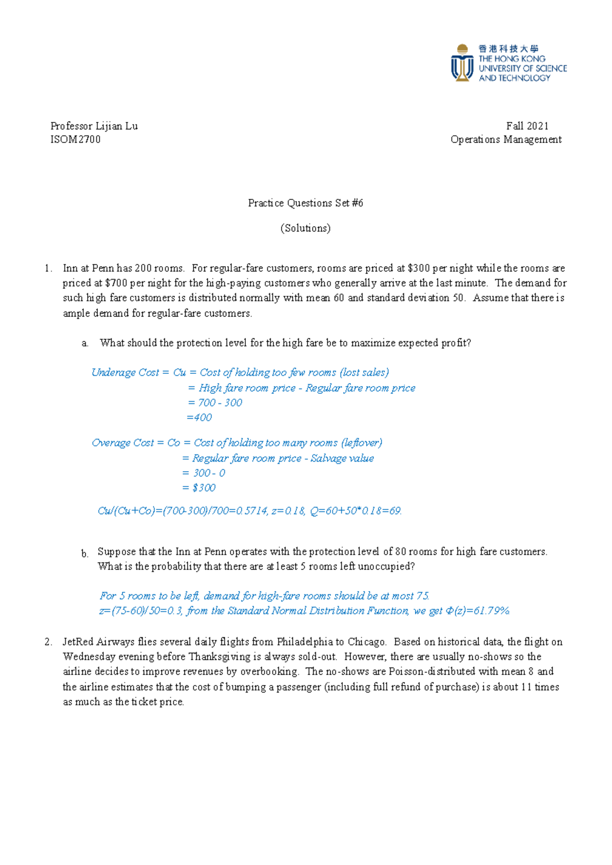 21FA ISOM2700 Practice Set 6 Solutions for Operations Management - Studocu
